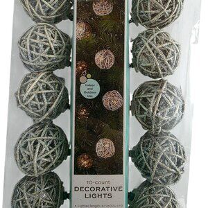 New Rattan Ball String Lights Silver Glitter 10 Bulbs Rustic Orb Holiday Patio